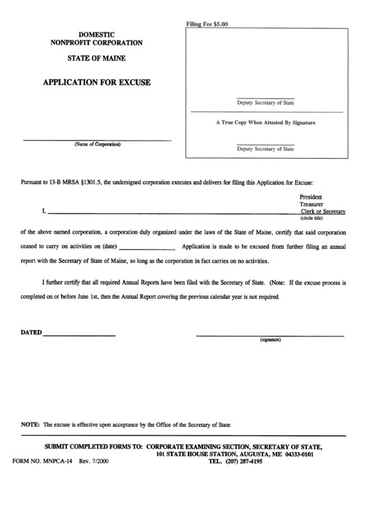 Form Mnpca-14 - Application For Excuse - Maine Secretary Of State Printable pdf