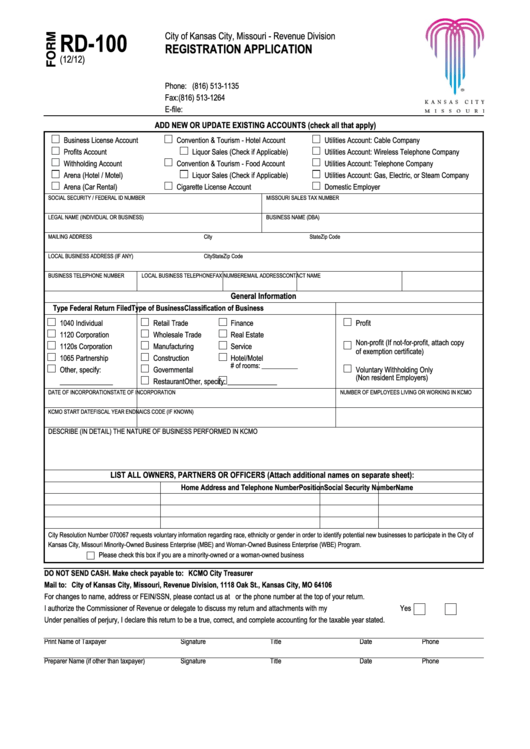 Form Rd-100 - Registration Application - State Of Missouri Printable pdf