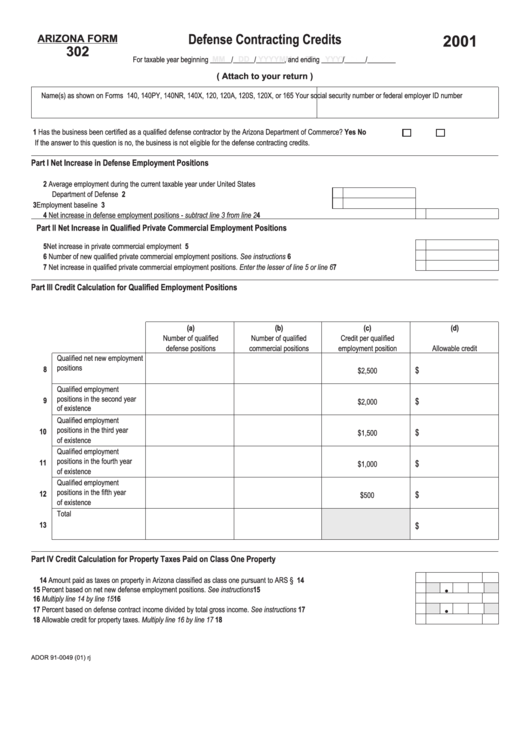 Arizona Form 302 - Defense Contracting Credits - 2001 Printable pdf