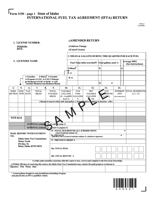 Form 3150 - International Fuel Tax Agreement (Ifta) Return - Sample - 2006 Printable pdf