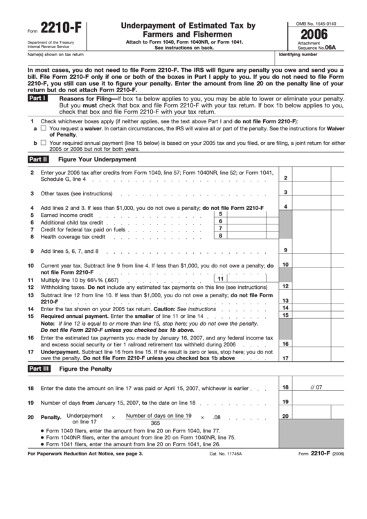 Fillable Form 2210-F - Underpayment Of Estimated Tax By Farmers And Fishermen Printable pdf