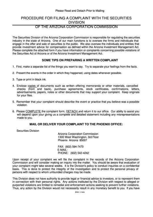 Complaint Form - Arizona Corporation Commission Printable pdf
