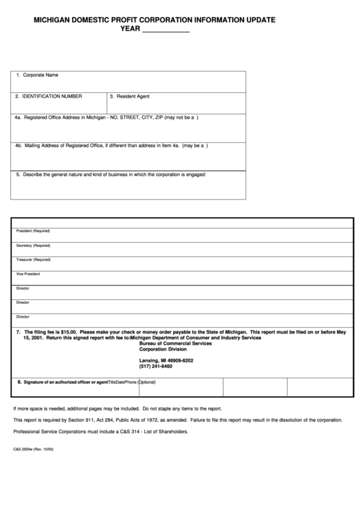 Fillable Form C And S 2500w - Michigan Domestic Profit Corporation Information Update Printable pdf
