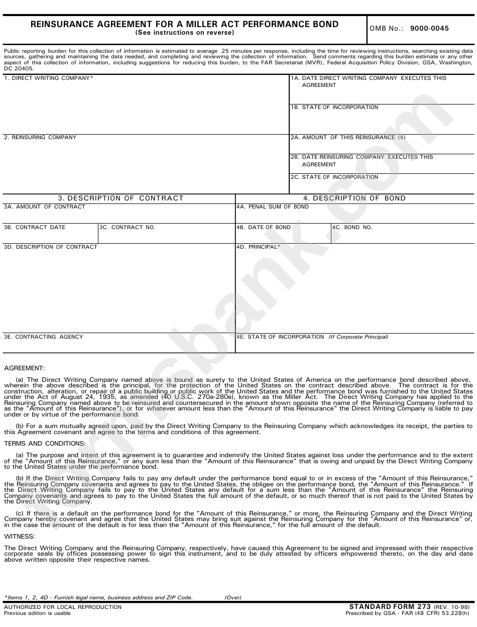 Form 90000045 Reinsurance Agreement For A Miller Act Performance