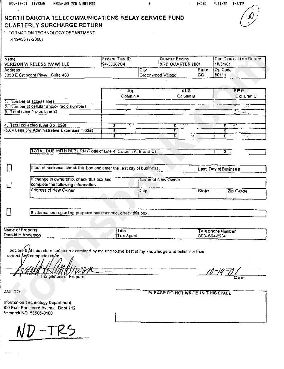 Telecommunicationss Relay Service Fund Form - Quarterly Surcharge Return - 2001