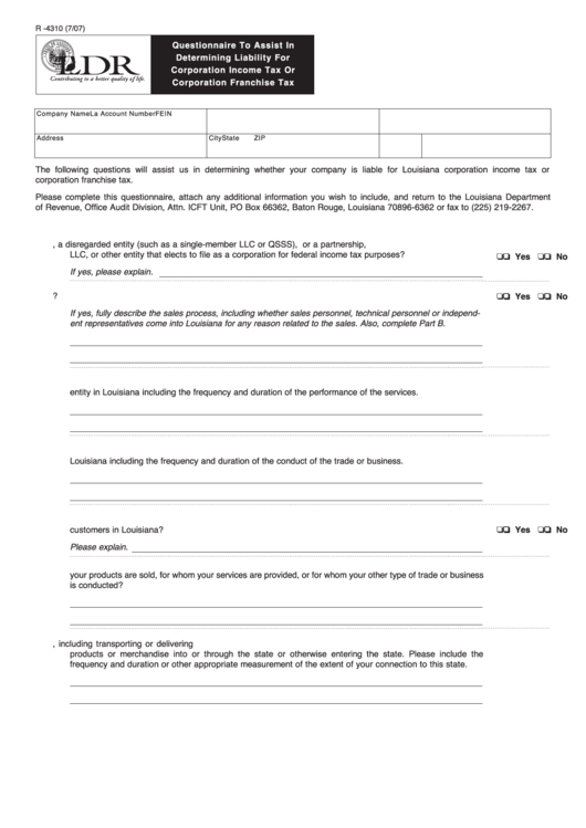 Fillable Form R-4310 - Questionnaire To Assist In Determining Liability For Corporation Income Tax Or Corporation Franchise Tax Printable pdf