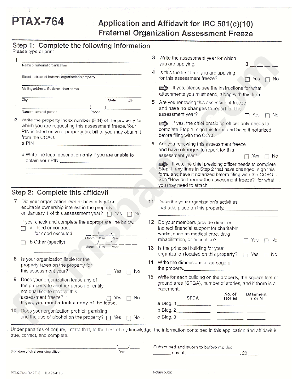 Form Ptax-764 - Application And Affidavit For Irc 601(C)(10) -Fraternal Organization Assessment Freeze