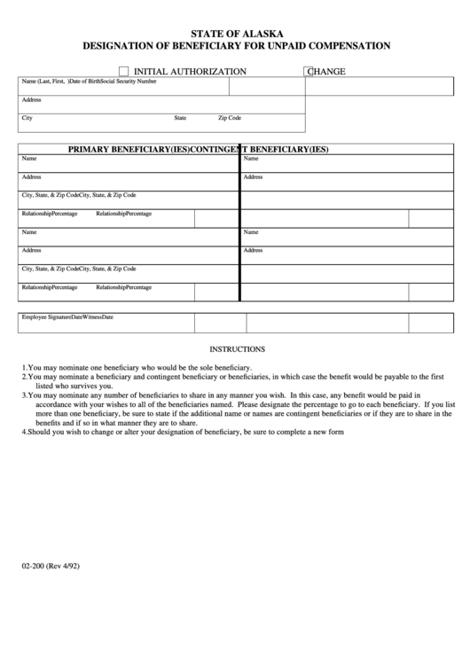 Fillable Designation Of Beneficiary For Unpaid Compensation Form - Alaska Printable pdf