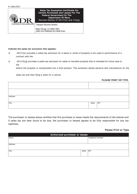 Fillable Form R-1304 - Sales Tax Exemption Certificate For Certain Purchases And Leases For The Federal Government Or The U.s. Department Of Navy - 2007 Printable pdf