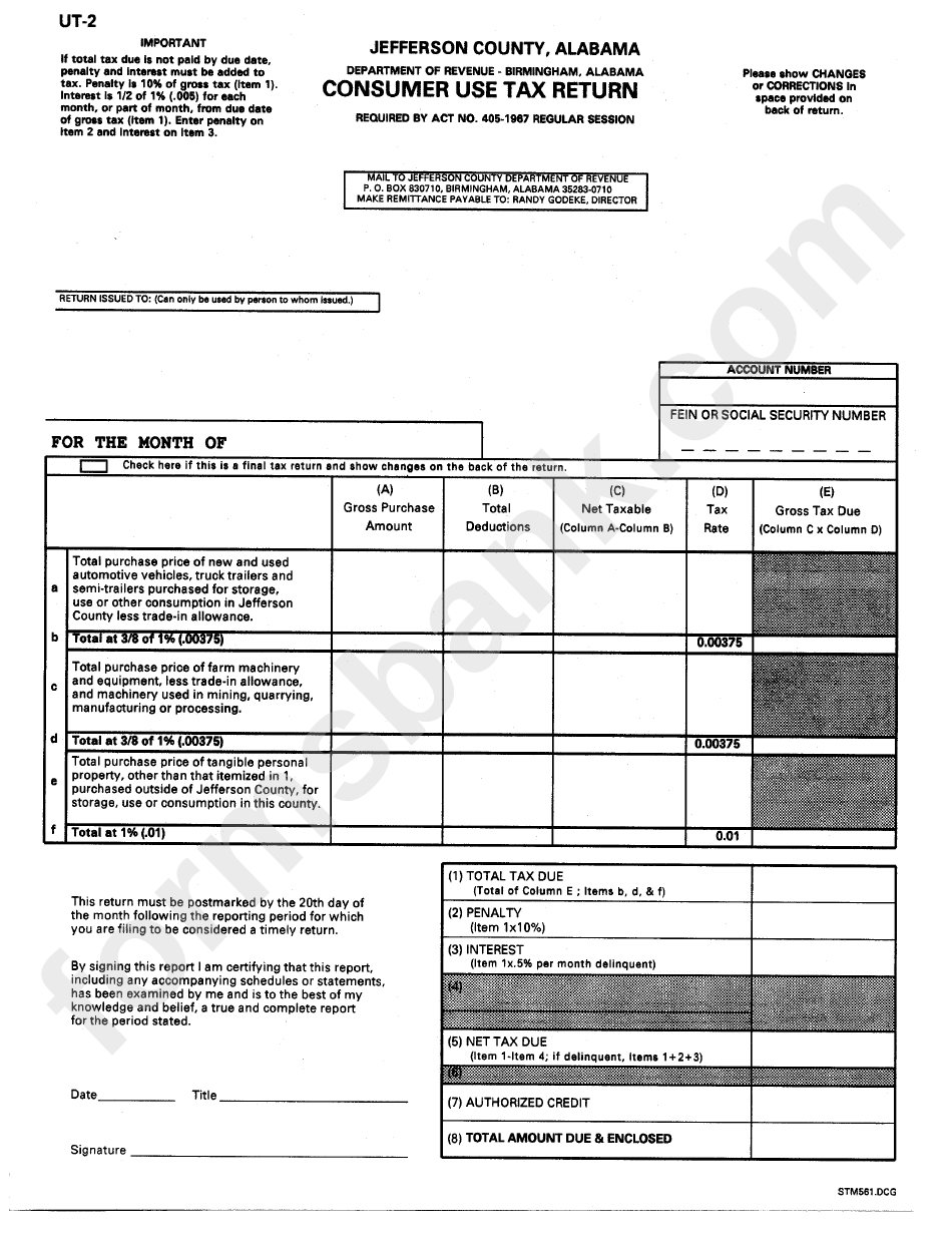 Form Ut-2 - Consumer Use Tax Return - Jefferson County, Alabama