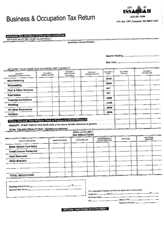 Business And Occupation Tax Return Form Printable pdf