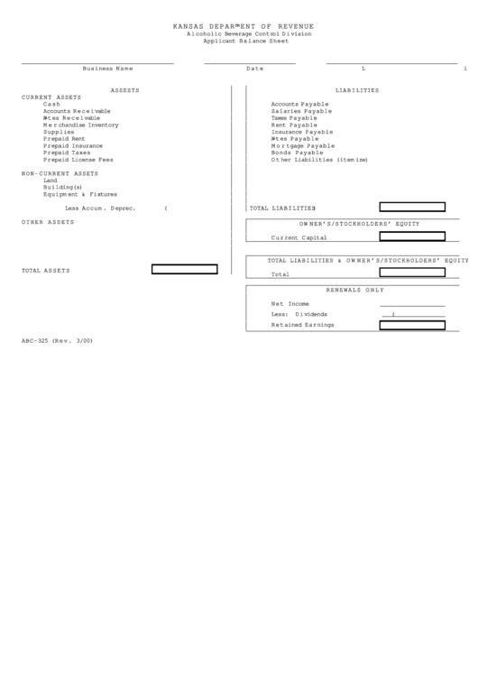 Form Abc-325 - Application Balance Sheet - Kansas Department Of Revenue Printable pdf