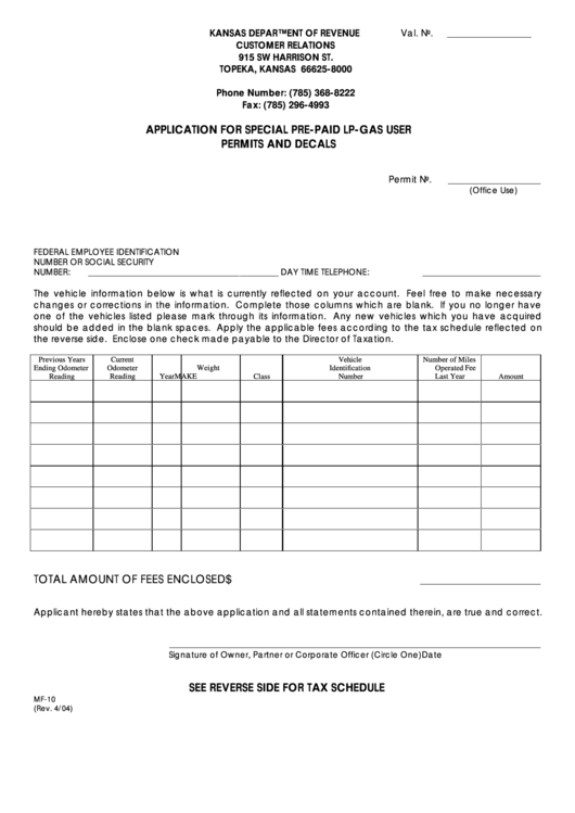 Form Mf-10 - Application For Special Pre-Paid Lp-Gas User Permits And Decals - Kansas Department Of Revenue Printable pdf