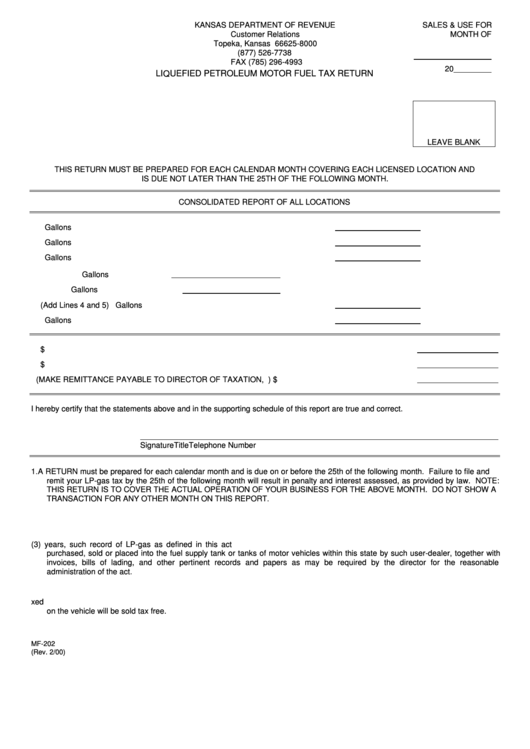 Form Mf-202 - Liquefied Petroleum Motor Fuel Tax Return - Kansas Department Of Revenue Printable pdf