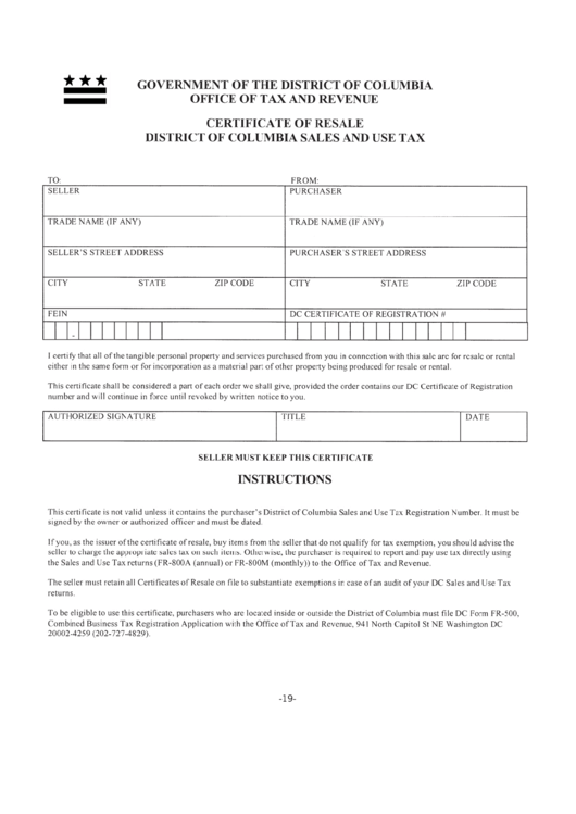 Certificate Of Resale District Of Columbia Sales And Use Tax Form Printable pdf