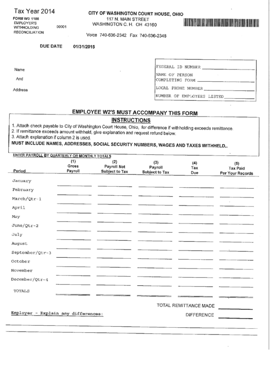 Form W3 - Employers Withholding Reconcilation Printable pdf
