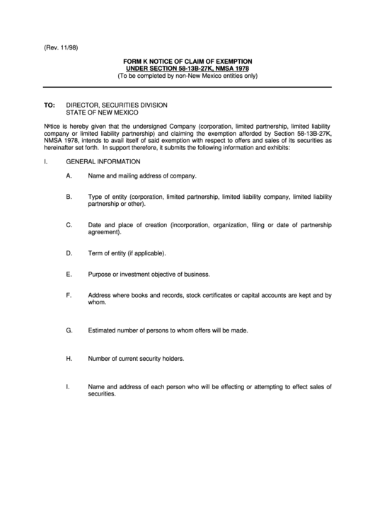 Form K Notice Of Claim Of Exemption Under Section 58-13b-27k, Nmsa 1978 Printable pdf