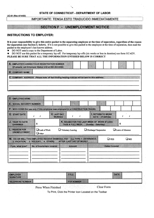 Fillable Form Uc-61 - Unemployment Notice - Section F - 2000 Printable pdf