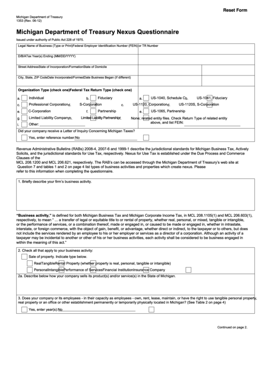 Fillable Form 1353 - Michigan Department Of Treasury Nexus Questionnaire - 2012 Printable pdf