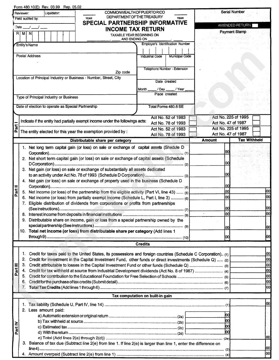 Form 480.10 E - Special Partnership Informative Income Tax Return