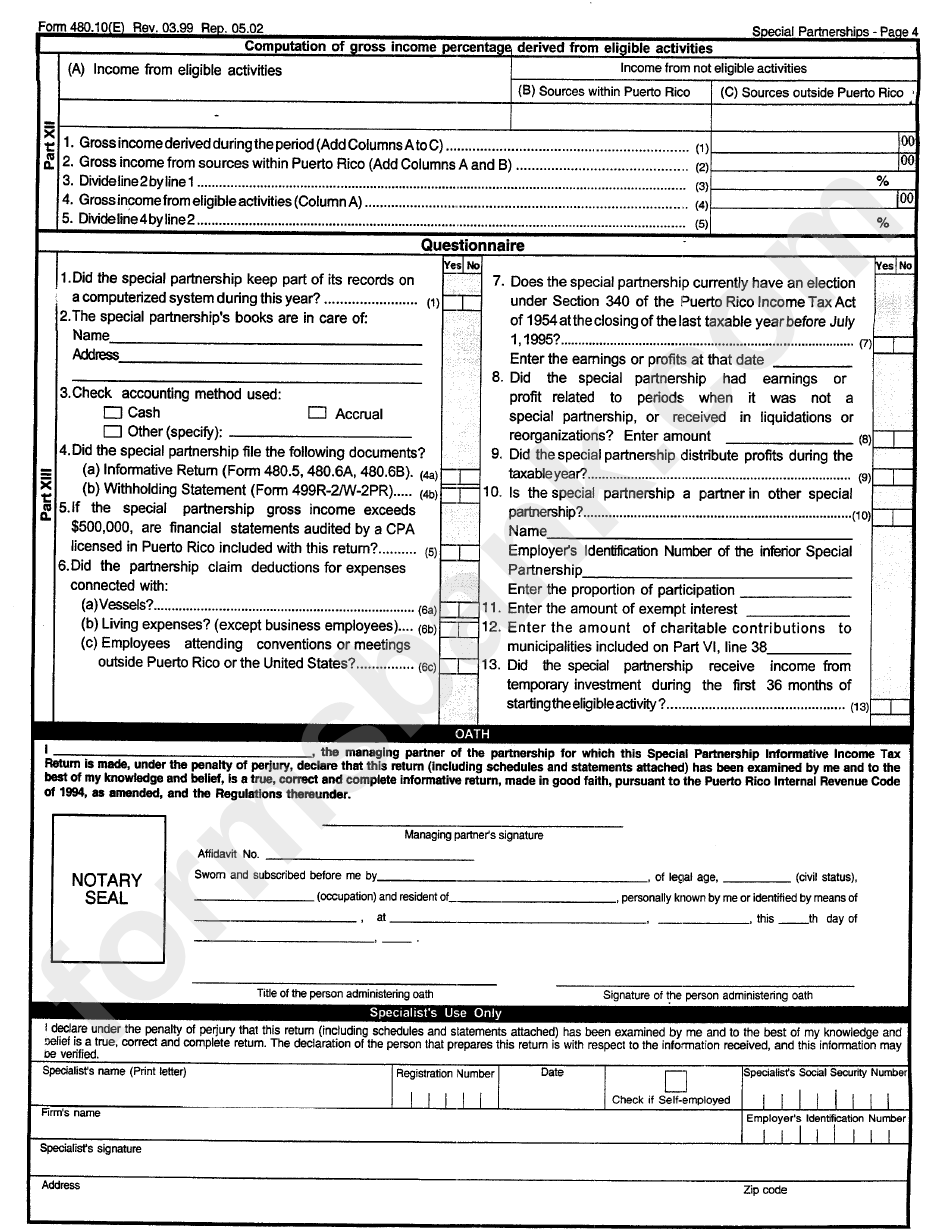 Form 480.10 E - Special Partnership Informative Income Tax Return