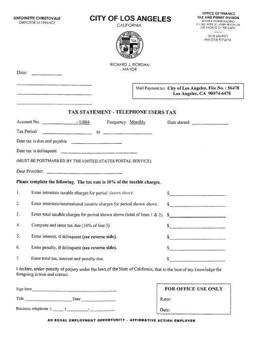 Tax Statement Form - Telephone Users Tax Printable pdf