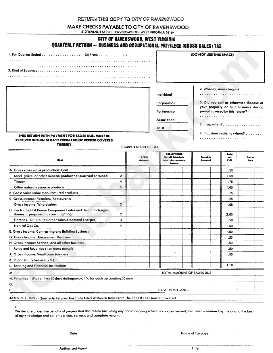Quarterly Return Form - Business And Occupational Privilege (Gross Sales) Tax