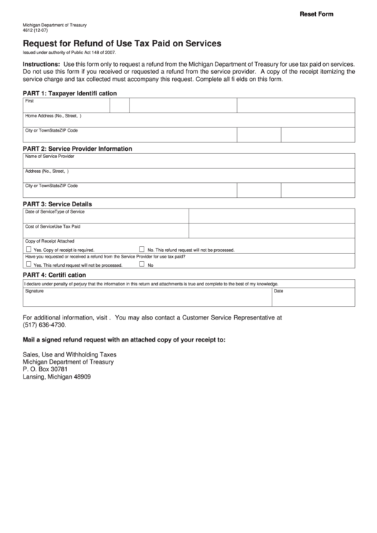 Fillable Form 4612 - Request For Refund Of Use Tax Paid On Services - 2007 Printable pdf
