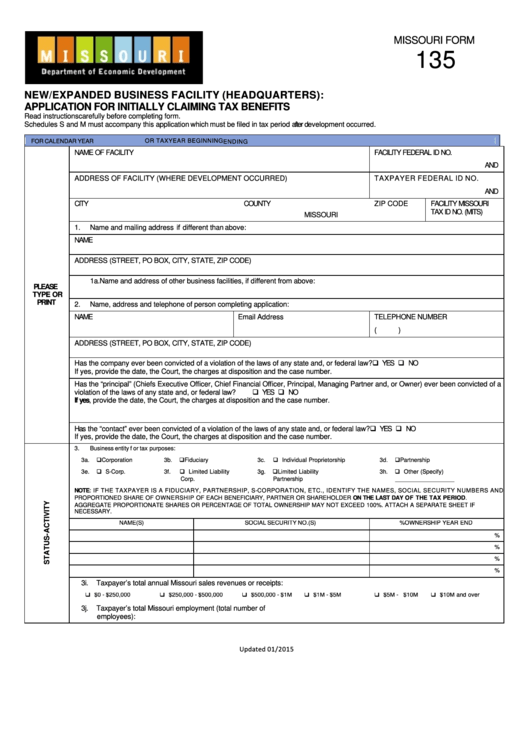 Fillable Form 135 - New/expanded Business Facility (Headquarters): Application For Initially Claiming Tax Benefits - State Of Missouri Printable pdf