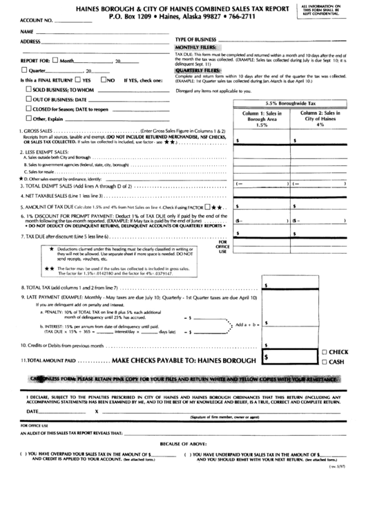 Haines Borough & City Of Haines Combined Sales Tax Report Form - State Of Alaska Printable pdf