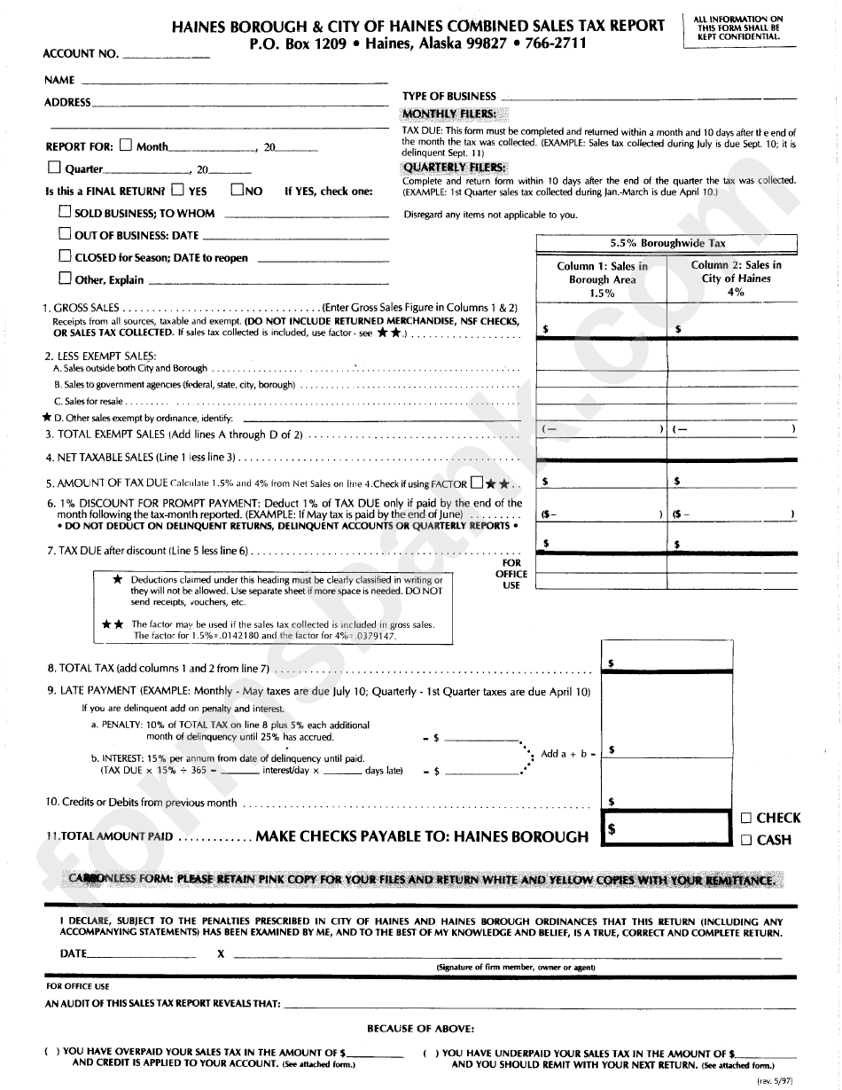 Haines Borough & City Of Haines Combined Sales Tax Report Form - State Of Alaska
