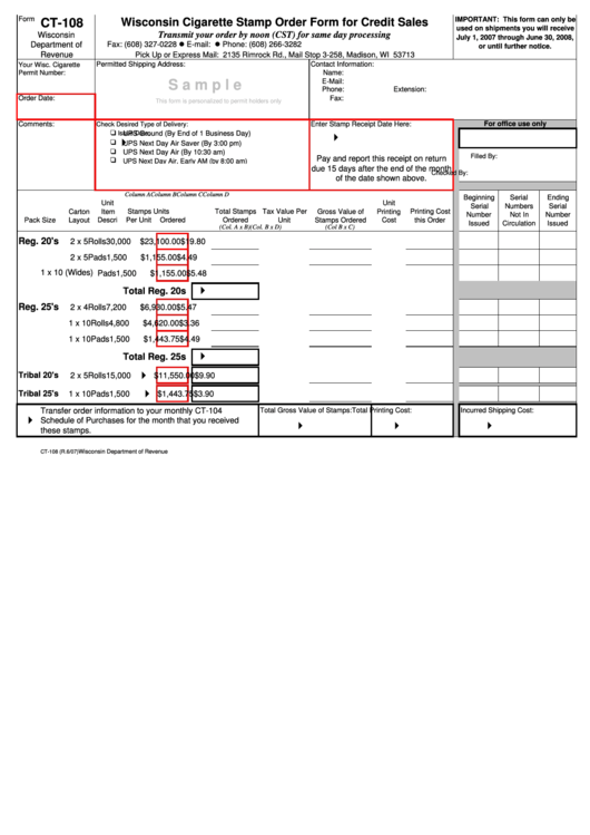Form Ct-108 - Wisconsin Cigarette Stamp Order Form For Credit Sales - Sample - 2007 Printable pdf