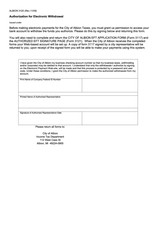 Authorization For Electronic Withdrawal Form - 2005 Printable pdf