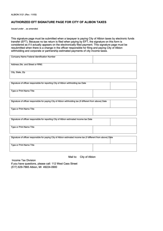 Authorized Eft Signature Page For City Of Alibon Taxes Form - 2005 Printable pdf