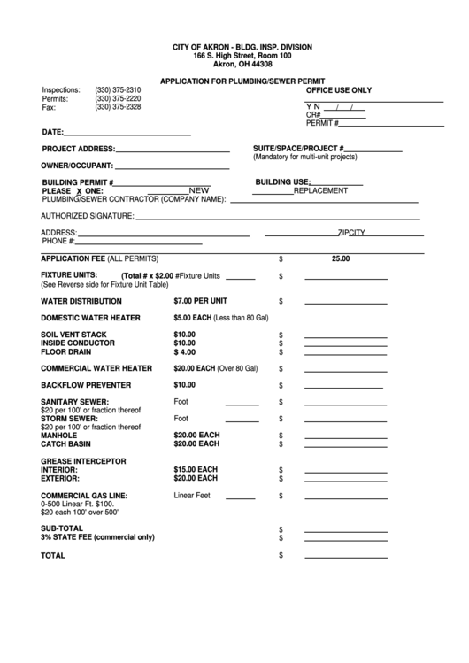 Fillable Application For Plumbing/sewer Permit Form - City Of Akron Printable pdf