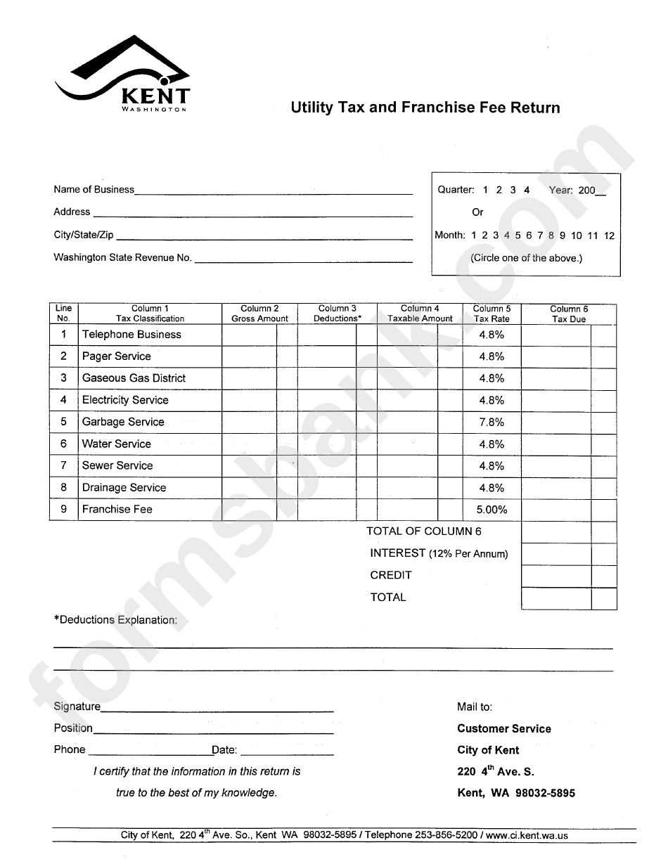 Utility Tax And Franchise Fee Return Form - Kent