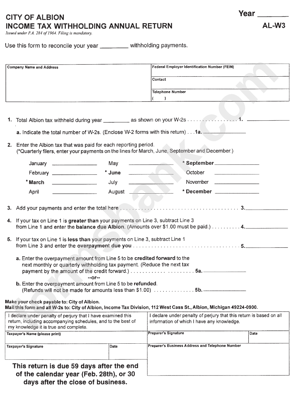 Form Al-W3 - Income Tax Withholding Annual Return