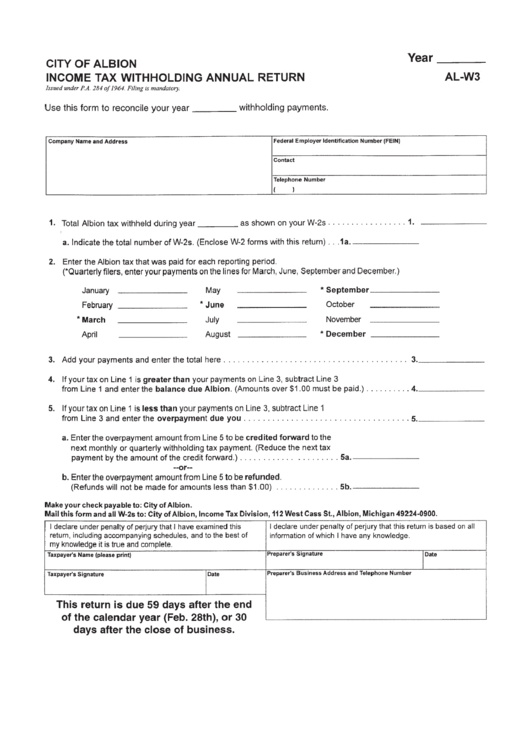 Form Al-W3 - Income Tax Withholding Annual Return Printable pdf