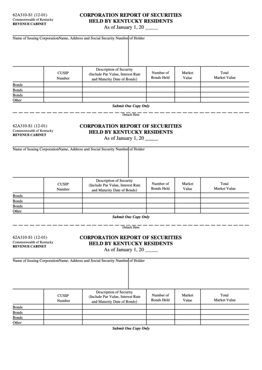 Form 62a310-S1 - Corporation Report Of Securities Held By Kentucky Residents Printable pdf