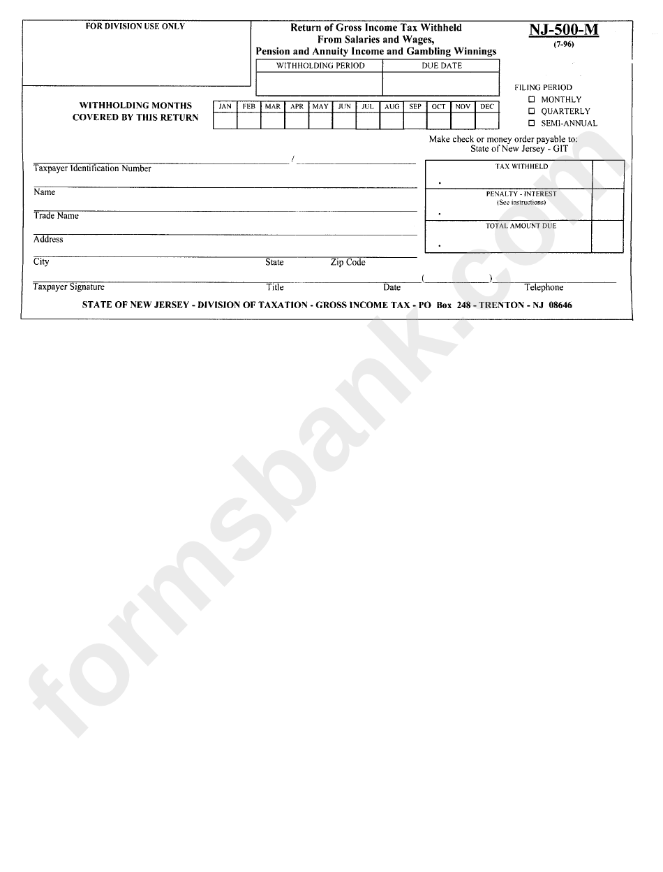 Form Nj-500-M - Return Of Gross Tax Withheld Form Salaries And Wages, Pension And Annuity Income And Gambling Winnings - 1996