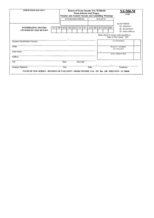 Form Nj-500-M - Return Of Gross Tax Withheld Form Salaries And Wages, Pension And Annuity Income And Gambling Winnings - 1996 Printable pdf