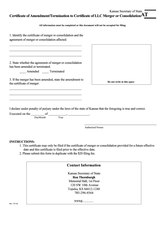 Form At - Certificate Of Amendment/termination To Certificate Of Llc Merger Or Consolidation Form - State Of Kansas Printable pdf