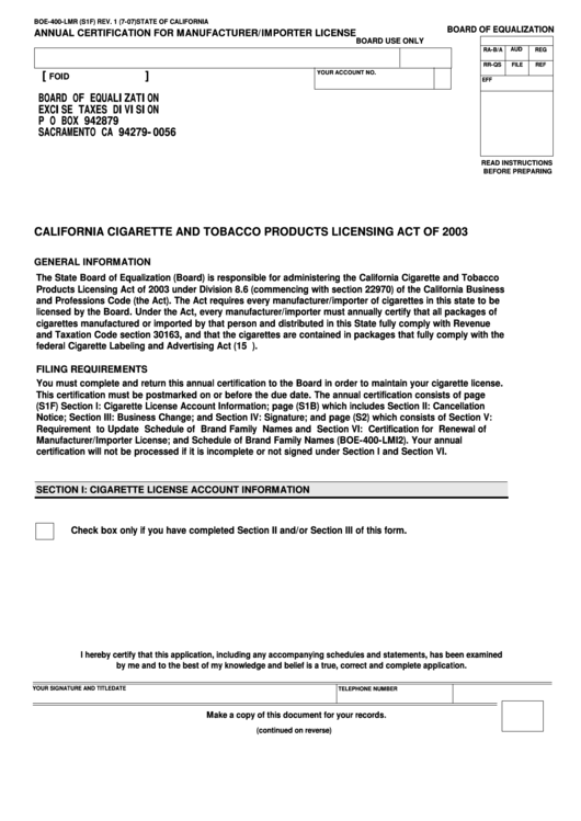 Fillable Annual Certification For Manufacturer/importer License Form - 2007 Printable pdf