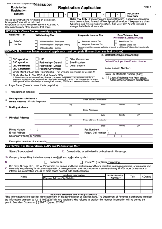 Form 70-001-10-8-1-000 - Registration Application Form - State Of Missisippi Printable pdf