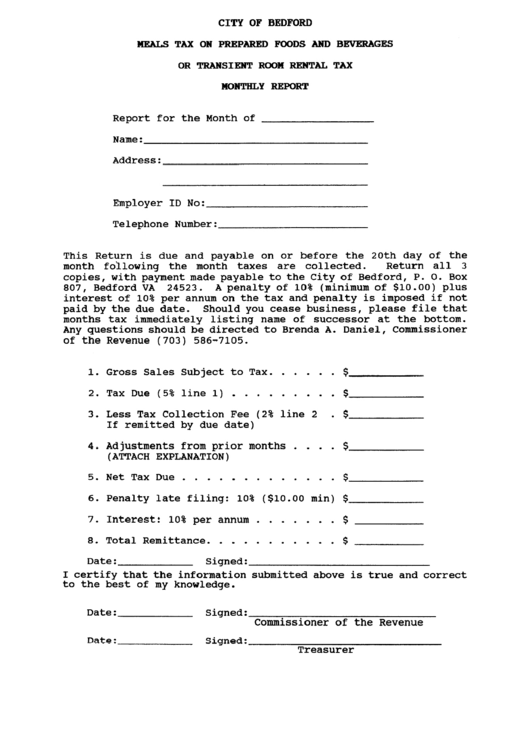 Meals Tax On Prepared Food And Beverages Or Transient Room Rental Tax Monthly Report Form Printable pdf