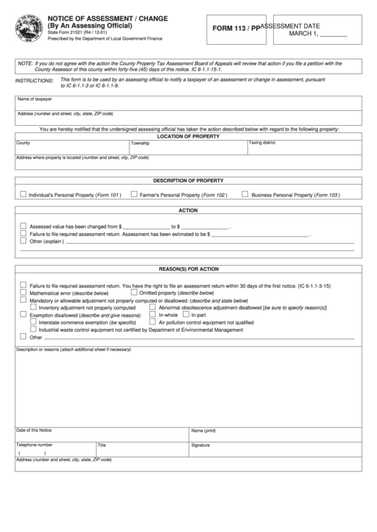 Form 113 / Pp - Notice Of Assessment / Change - State Of Indiana Printable pdf