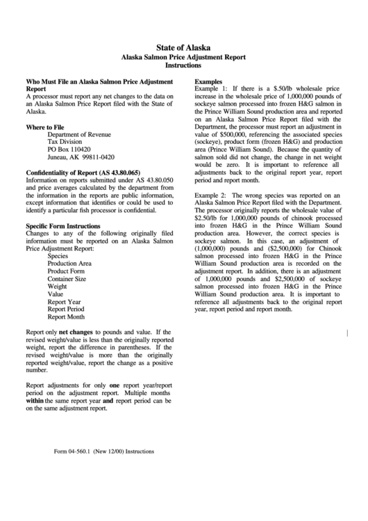 Form 04-560.1 - Alaska Salmon Price Adjustment Report Instructions Printable pdf