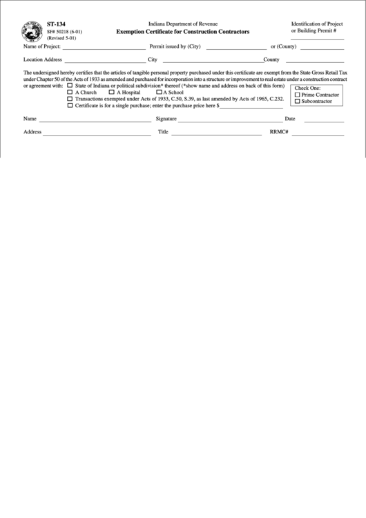 Form St-134 - Exemption Certificate For Construction Contractors Form - State Of Indiana Printable pdf