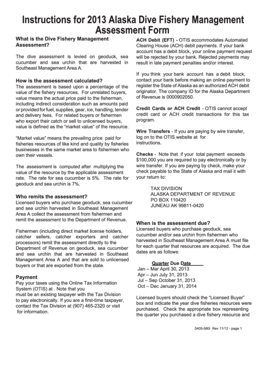 Form 0405-580i - Instructions For 2013 Alaska Dive Fishery Management Assessment Form Printable pdf