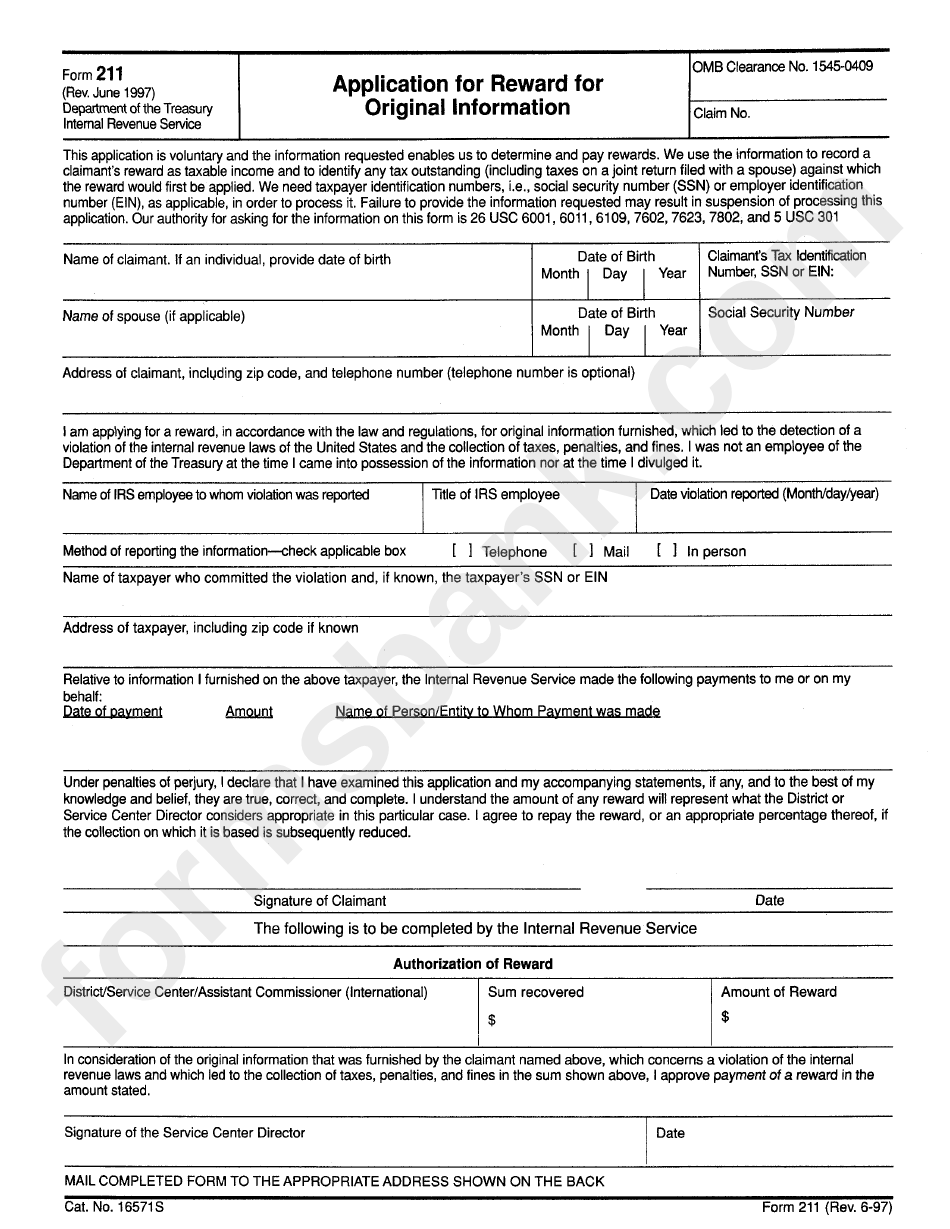 Form 211 - Application Form For Reward Of Original Information - 1997